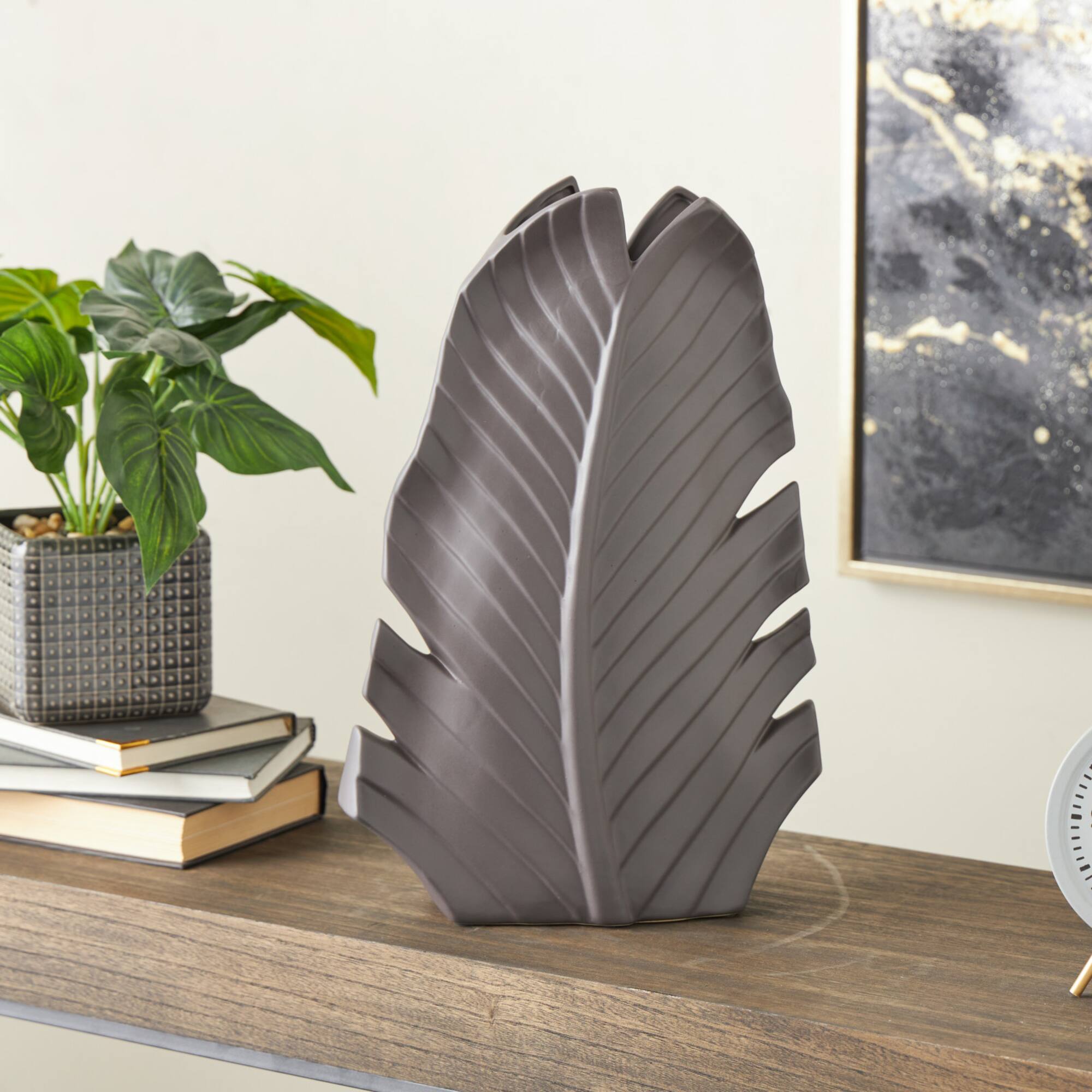 17" Black Ceramic Palm Leaf Decorative Vase